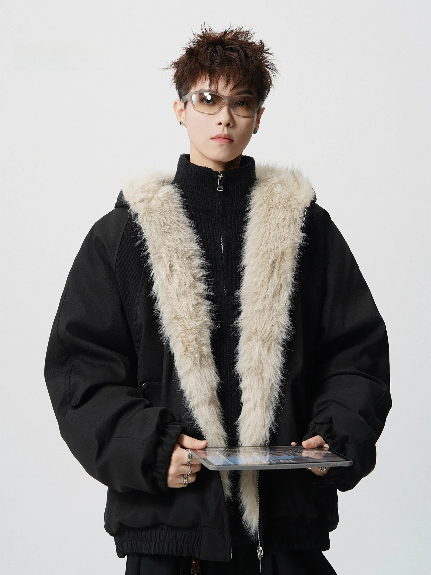 

Wolf King Mountain Eagle Feather Collar Men's Winter Thiened Warm Trendy Casual Loose ort Coat Polyester Filling