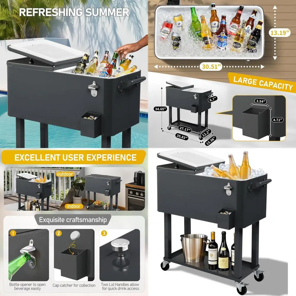 

Портативный переносной холодильник на колесах объемом 80 кварт с поддоном для хранения и открывалкой для бутылок, для вечеринок на природе и пляжного отдыха