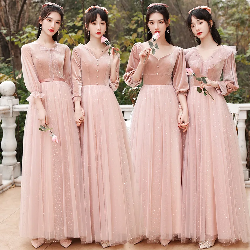 

Pink Formal Party Dress Elegant Bridesmaid Dress Qipao Patchwork Velour Mesh Cheongsam Slim Bling Sequins Robe De Soiree