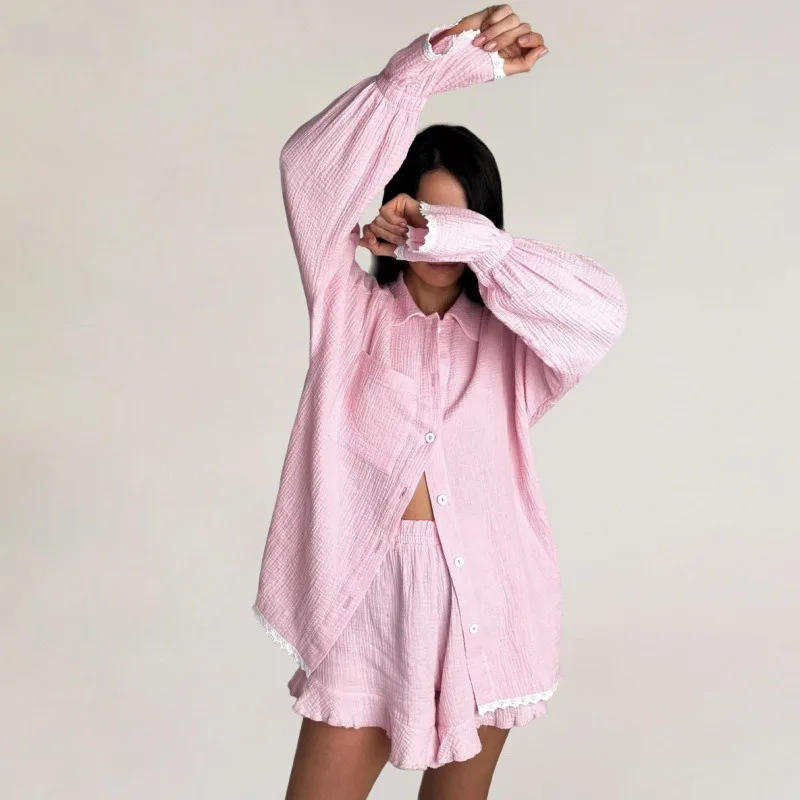 Women's Cotton Pajamas Set Autumn Long Sleeve Shirt And Shorts Sleepwear 2 Piece Set For Women Casual Ruffle Homewear Set