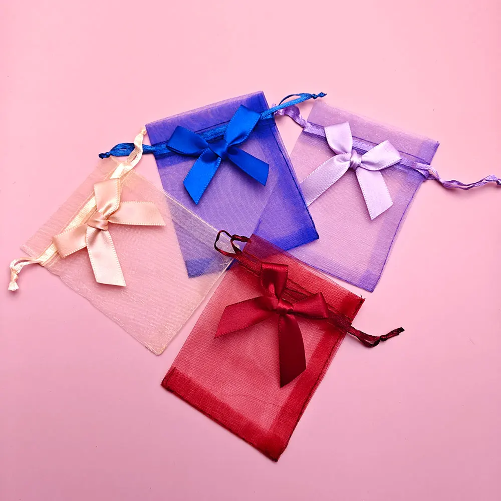 10/20pcs Bowknot  Jewelry Bags Organza Gift Bag 9x12 10x15 Wedding Party Jewelry Candy Drawstring Packaging Pouch Gift Bag