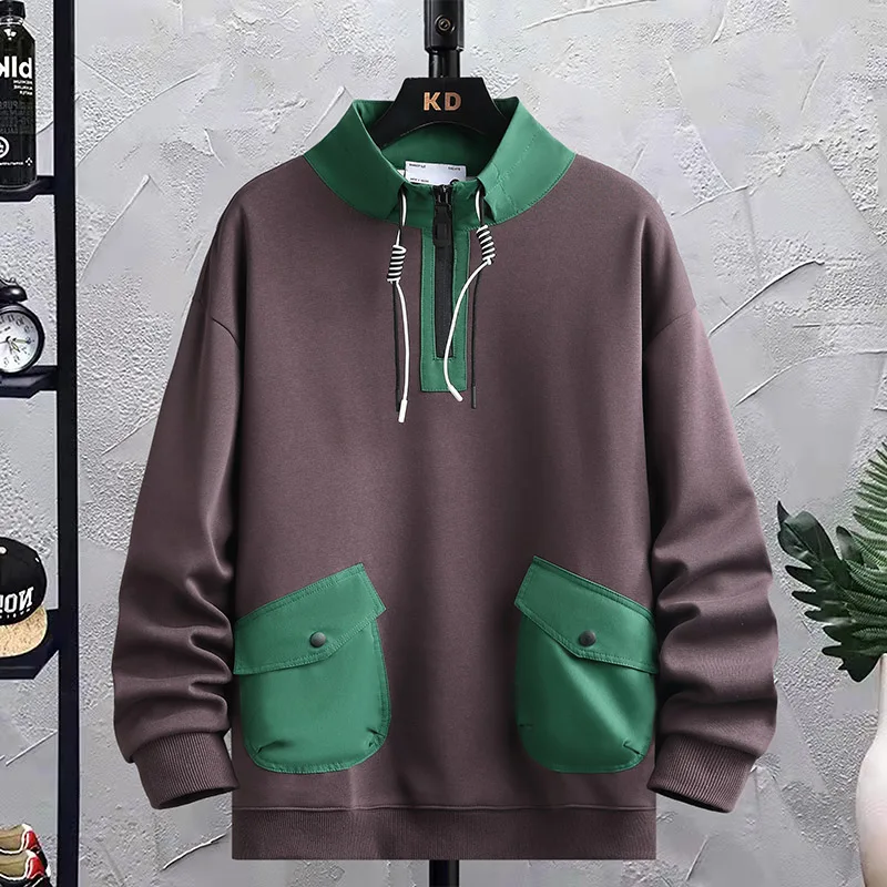 Men Sweatshirts Spring Thicker Pullover Half Zipper Pullover Male Outdoor Sweatshir Autumn blocking Color Turtleneck Sweater