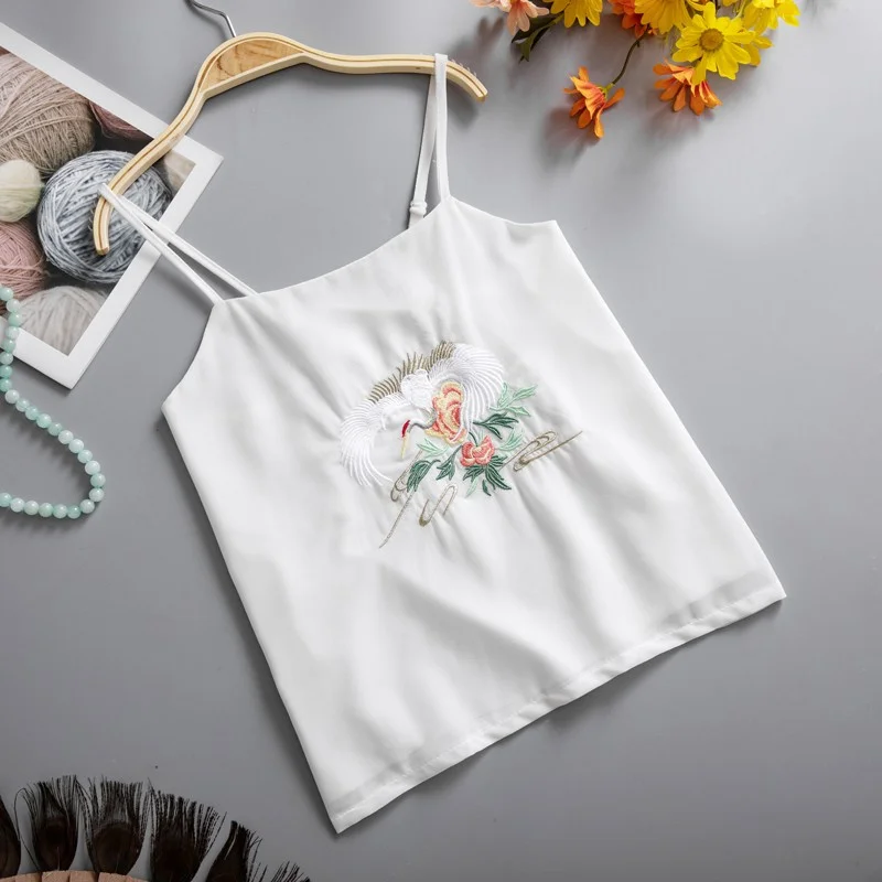 Hanfu Chinese Ancient Style Suspender Strap Tank Tops Underwear White Embroidery Costume Han Element Innerwear Sleeveless Shirt