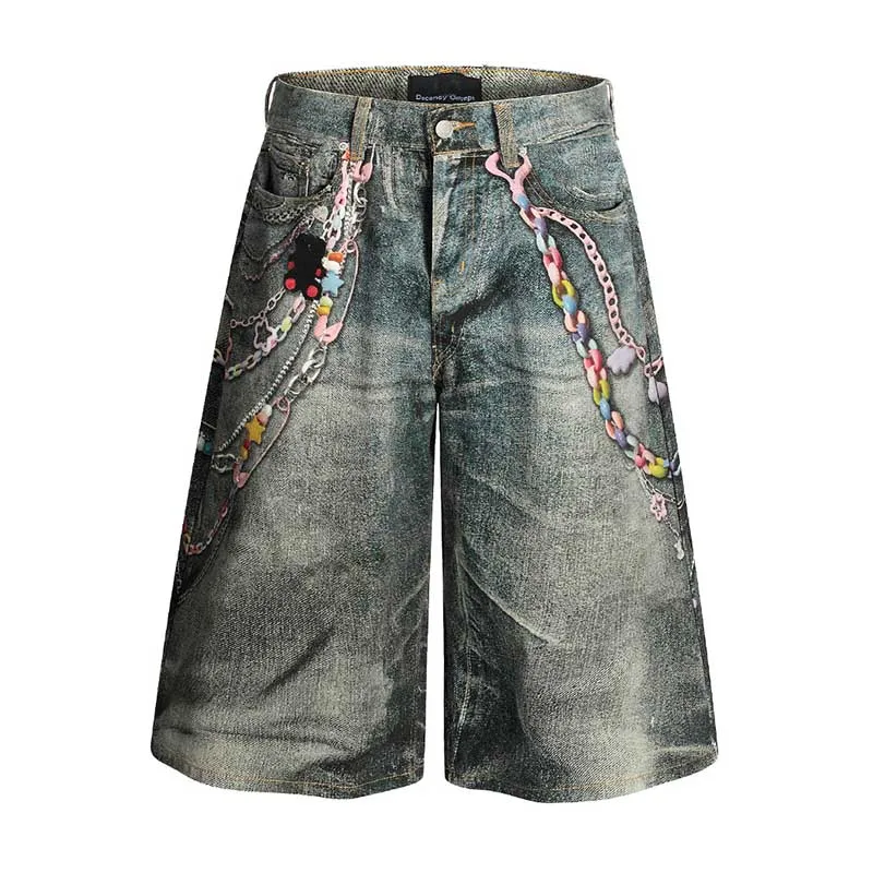 

Vintage Printed Hip Hop Jeans Shorts Harakuju Streetwear Casual Denim Shorts For Male Washed