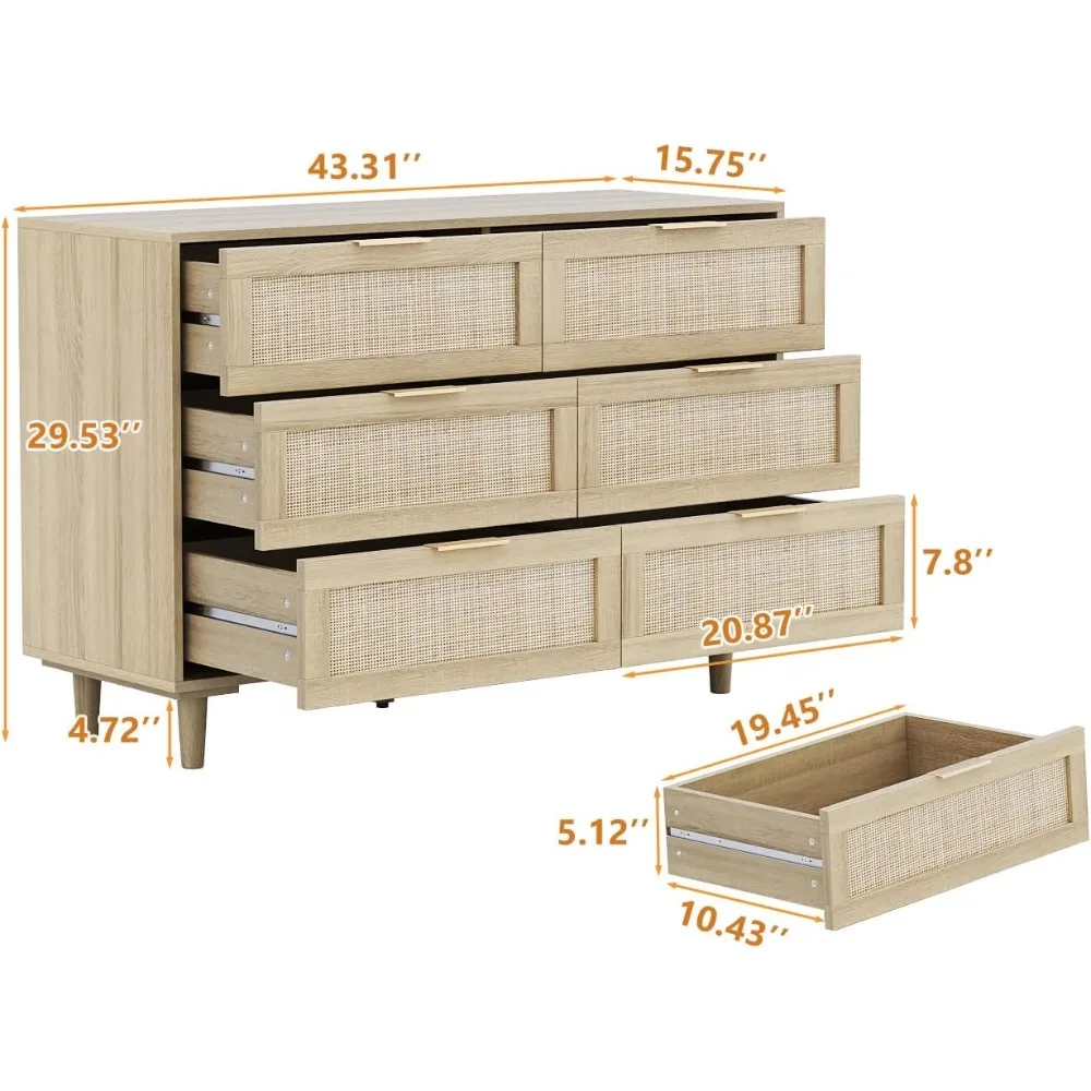 Rattan Dresser for Bedroom, 6 Drawer Wide Dresser, Boho&Farmhouse Chest of Drawers, 43" Clothes Storage Cabinet, Metal Handle image 2