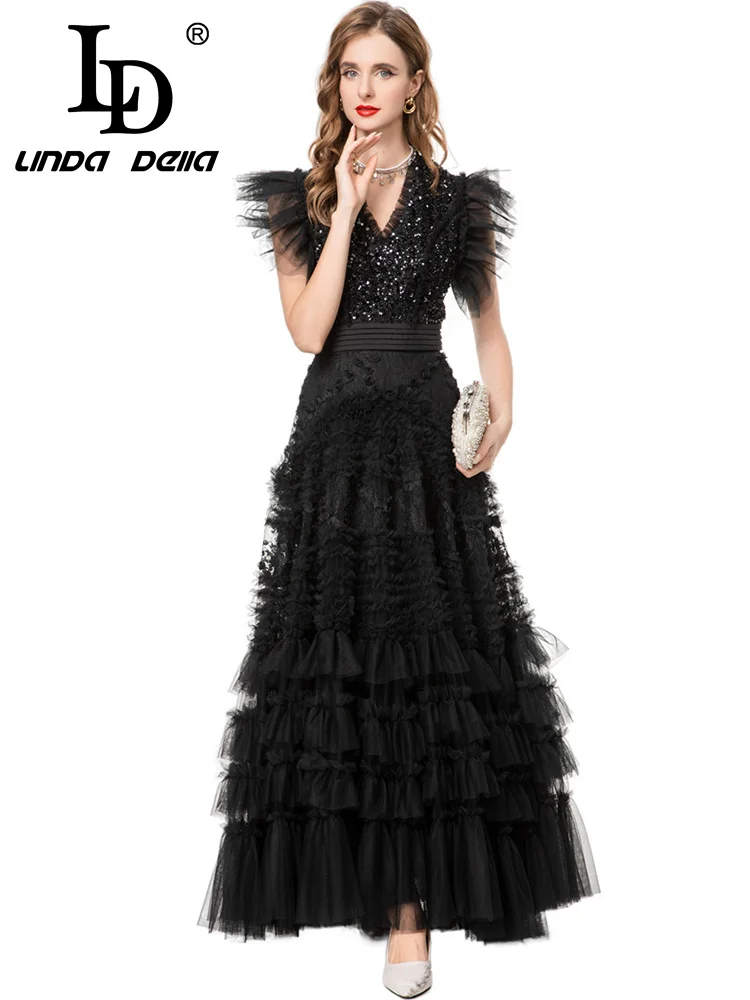 LD LINDA DELL فستان عشاء شبكي مطرز بلون سادة ورقبة على شكل حرف V فستان عشاء مثير للولائم عالي الخصر فستان عصري