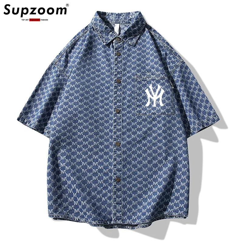 

Supzoom New Arrival Fashion Casual Letters Jacquard Denim Full Turn-down Collar Open Stitch Striped Men Chemise Casual Shirts