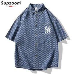 Supzoom New Arrival Fashion Casual Letters Jacquard Denim Full Turn-down Collar Open Stitch Striped Men Chemise Casual Shirts