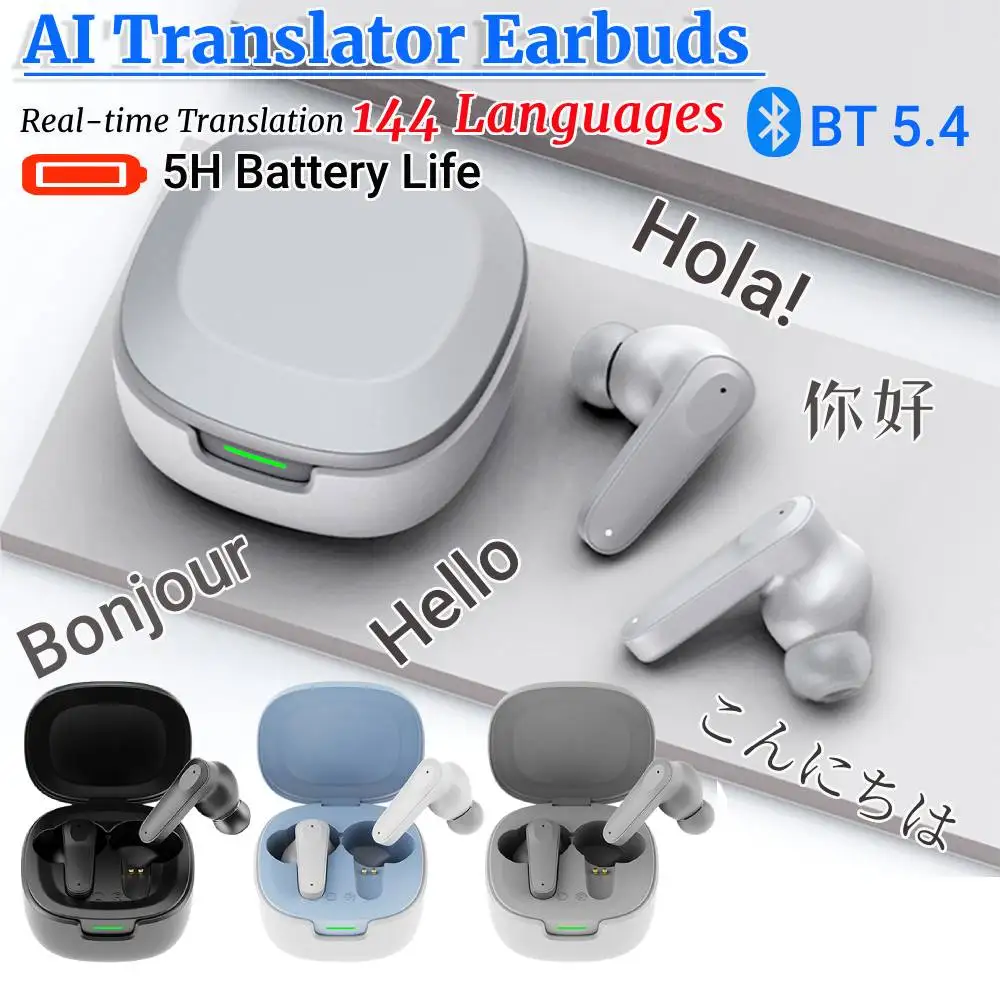 Real Time AI Translator Earbuds Bluetooth-Compatible 5.4 Waterproof Two-Way Voice Translator Earphone for Sports Business Travel