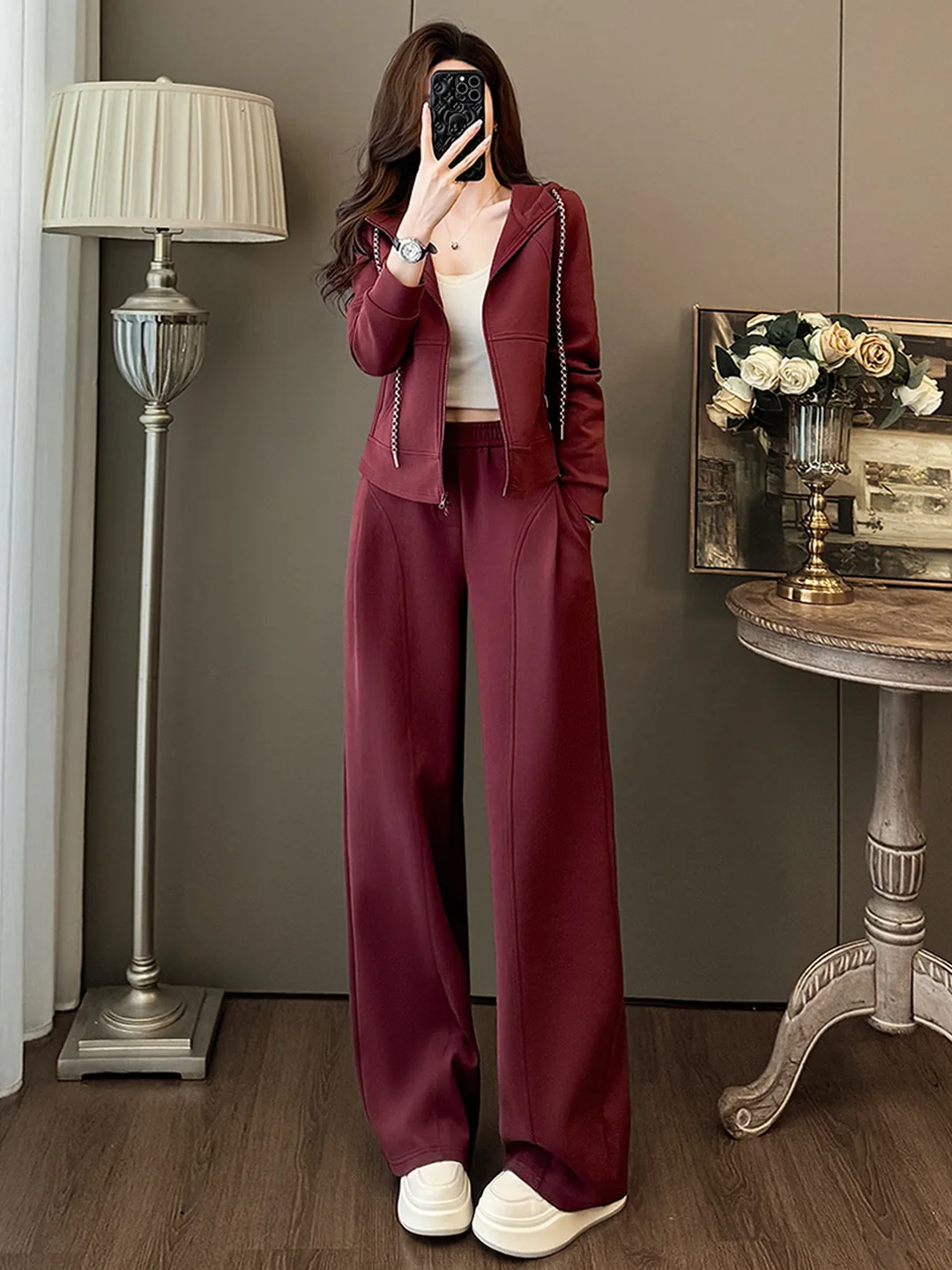 

High Waist Wide Leg Pants Set Women's Casual Sportswear Two-Piece Suit Spring Fashionable Red Jacket Top And Bottoms Ensemble