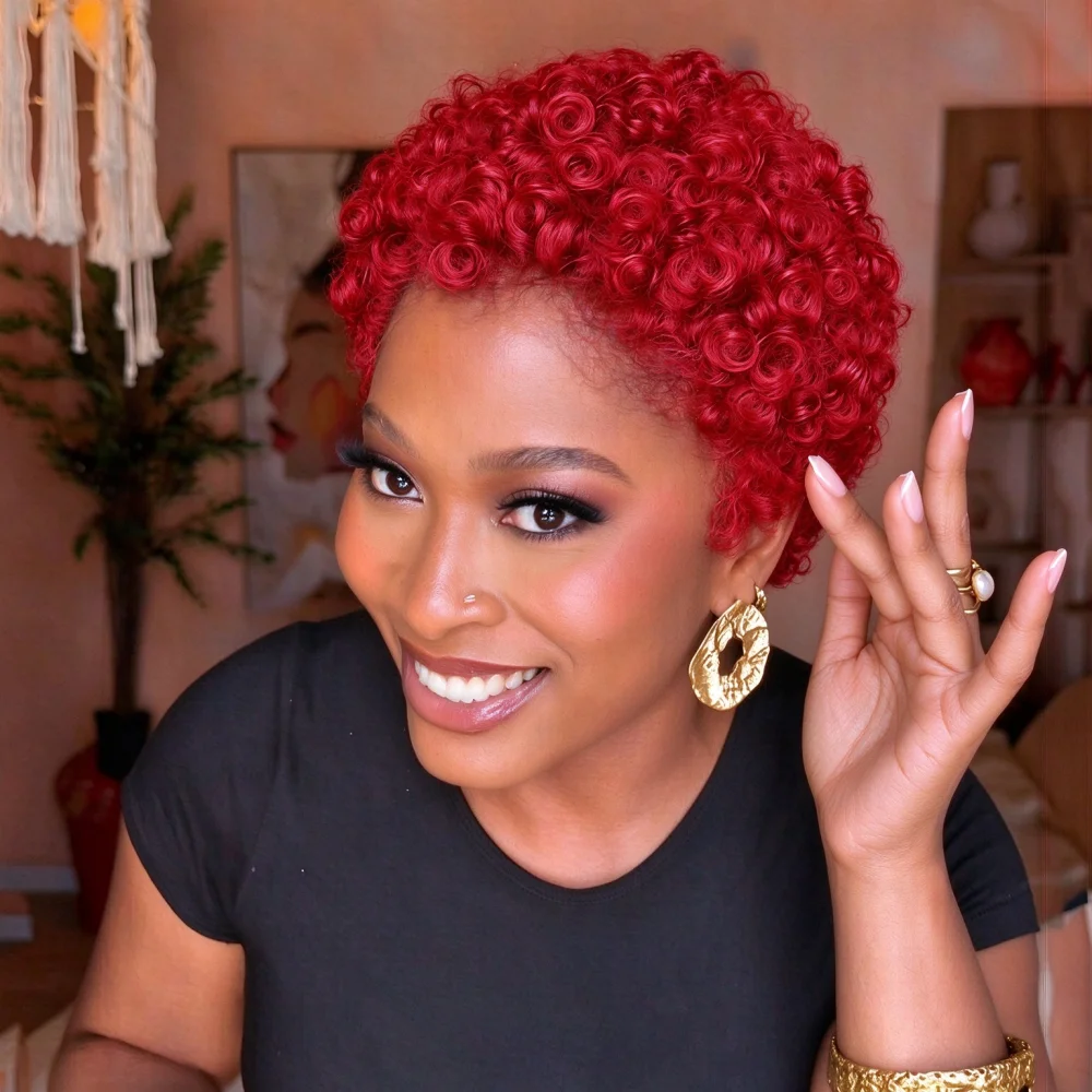 Full Machine Made Short Curly Human Hair Wig, Tiny Spring Curls Pixie Cut Wig for Women, Natural Looking Wig