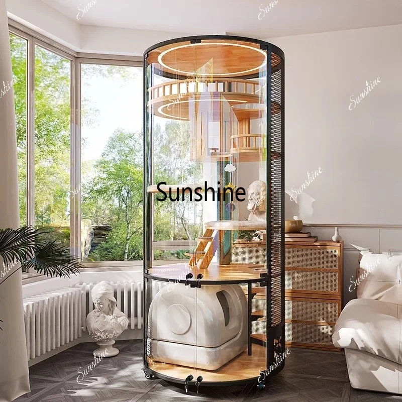 Solid Wood Cat Villa Large Luxury Indoor Cat Cage with Round Panoramic Nest All-Season Solid Wood Pet House Cabinet  FT