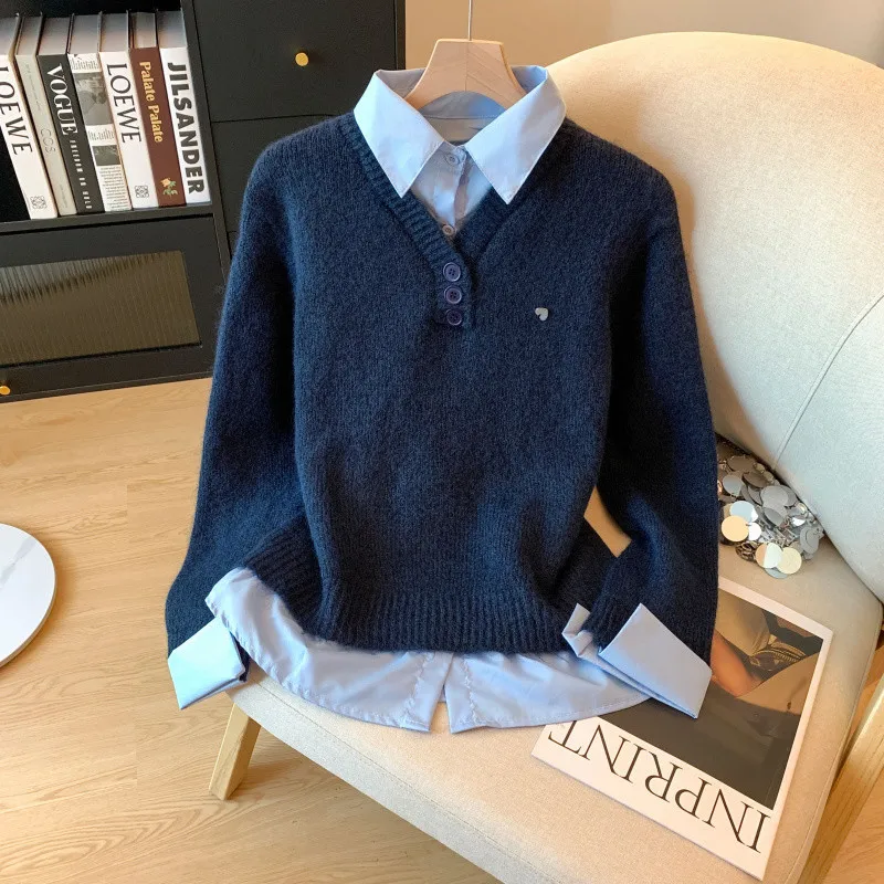 الكورية نمط وهمية اثنين من البلوزات للنساء الخريف الشتاء بدوره إلى أسفل Coloar تصميم تحسس قميص الطبقات أزرق رمادي بلوفر مغزول