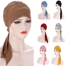 Long Tail Bow Turban Hat Solid Color Chemotherapy Cap Headdress Hat Women's Nightcap Hair Accessories New