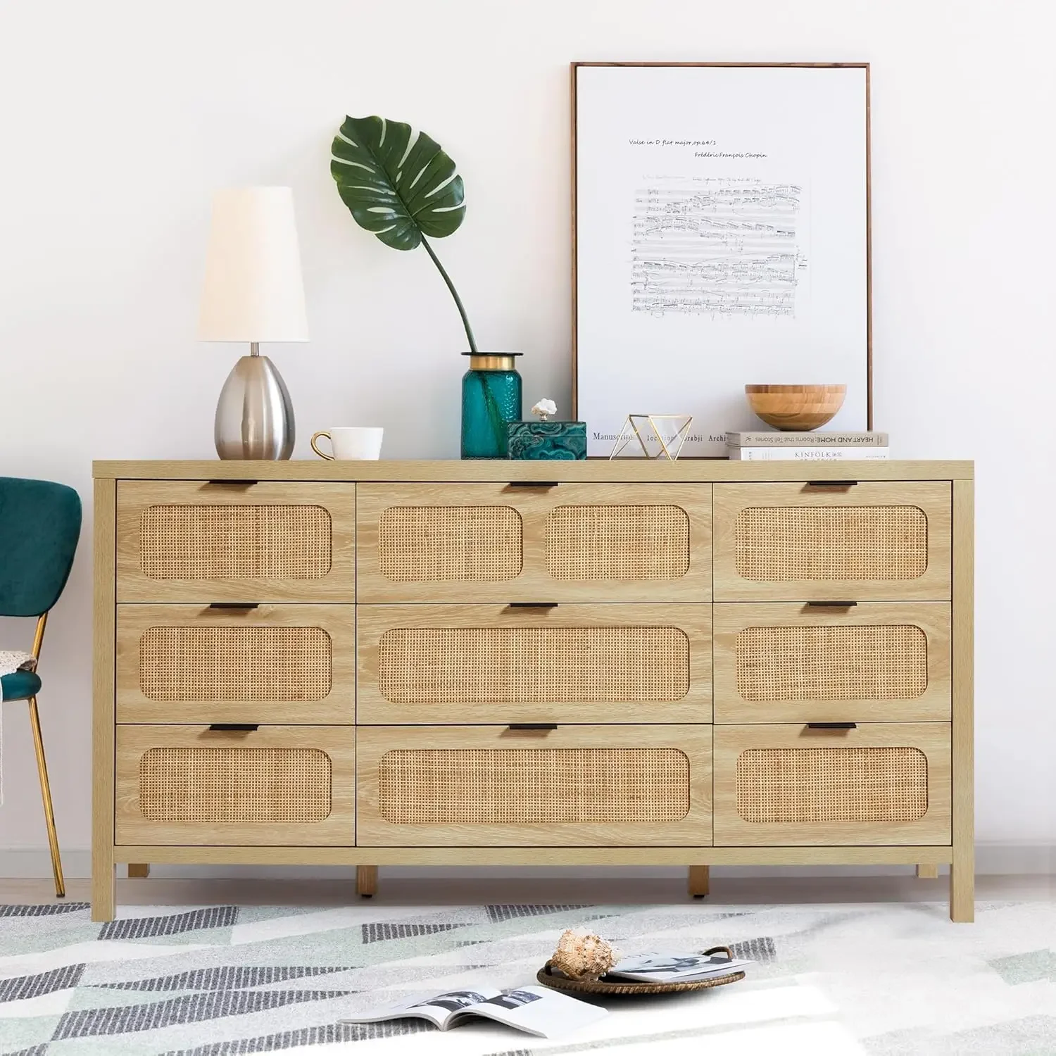 Dresser 9 Drawer Modern Farmhouse Chest with Rattan Finish Metal Handles for Bedroom Accent Storage Cabinet