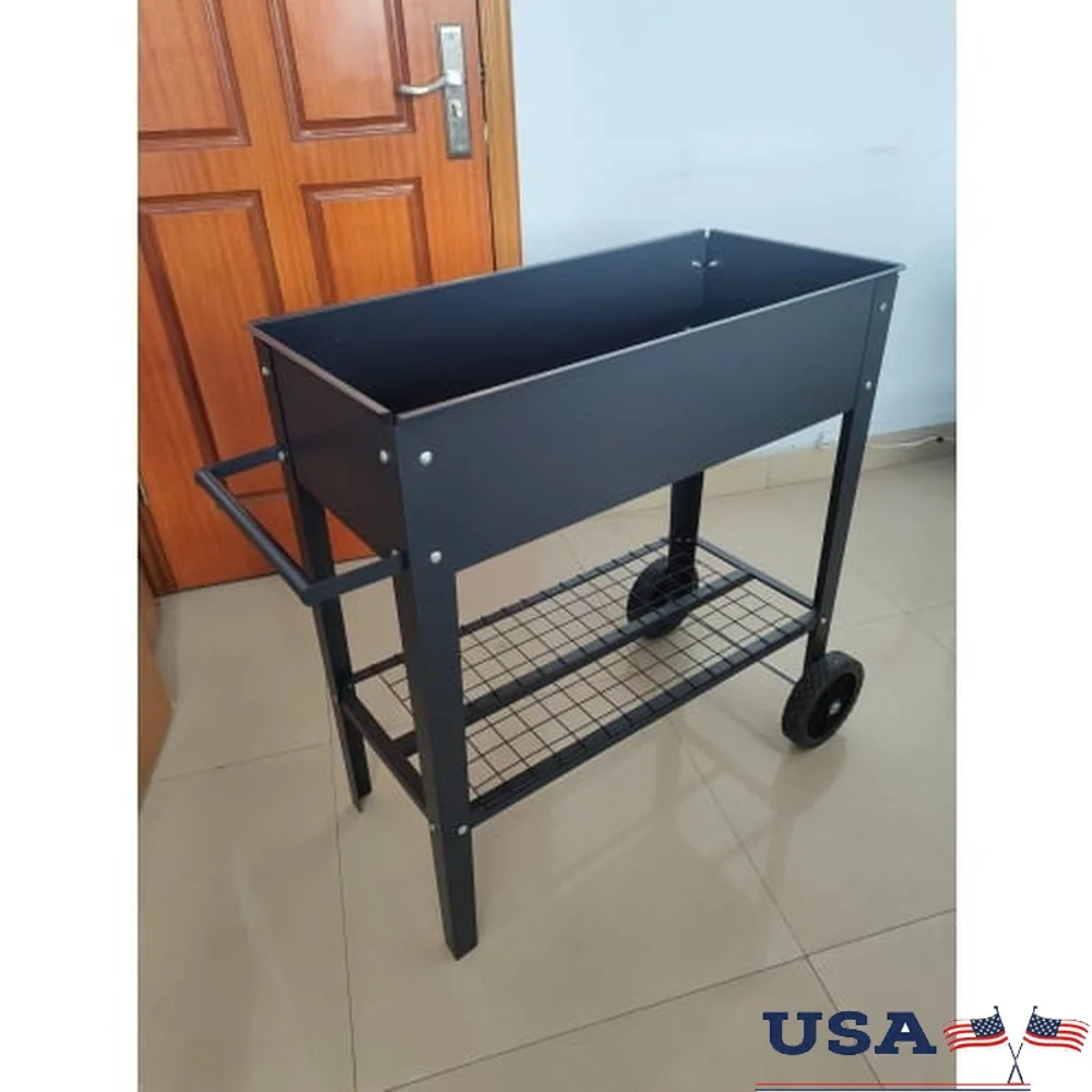 

Металлическая поднятая садовая тележка с ножками Приподнятый ящик для цветов на колесах для использования в помещении и на открытом воздухе с дренажной системой и полкой для хранения