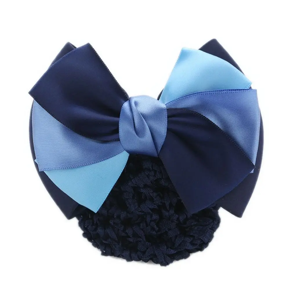 Handmade Hair Bun Cover Net Satin Ribbon Spring Clip Hair Net Snood Crochet Elastic Net Double Bow Hair Accessories