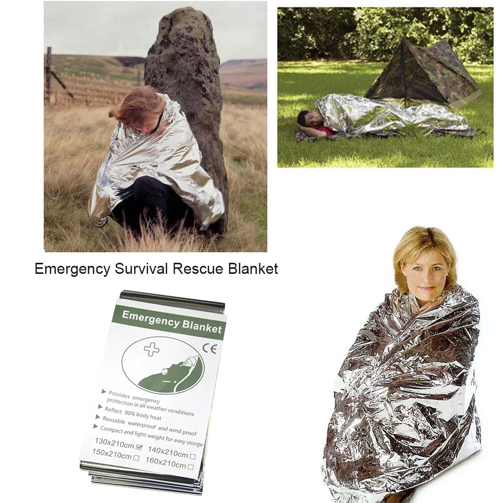 Mergency Mylar-manta térmica de papel de aluminio, cortina de rescate de primeros auxilios, impermeable, militar, cubierta reutilizable