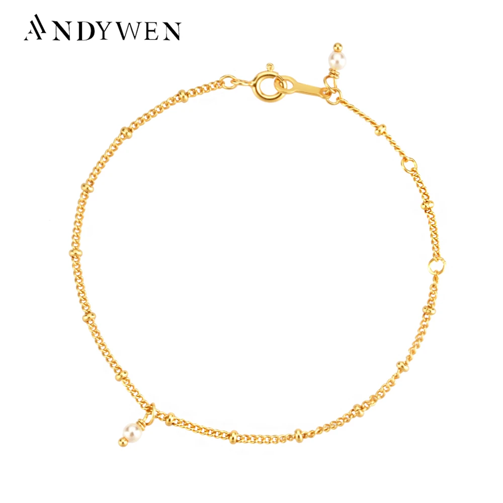 ANDYWEN 2020 925 Sterling Silver Gold Pearl Charm Chain Bracelet 2020 Rock Punk Fashion Fine Jewelry For Crystal Luxury Jewels