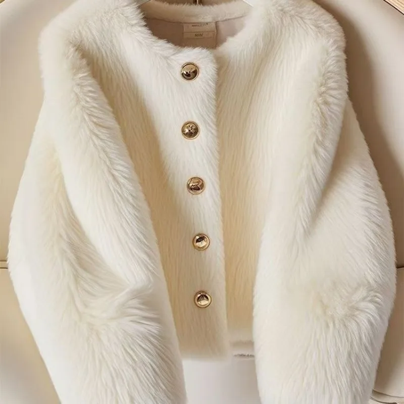 Winter Sweet Beige Single-breasted Hairy Shaggy Faux Fur Coat Women Long Sleeve Furry Fur Warm Jacket Short Outwear Korean Tops