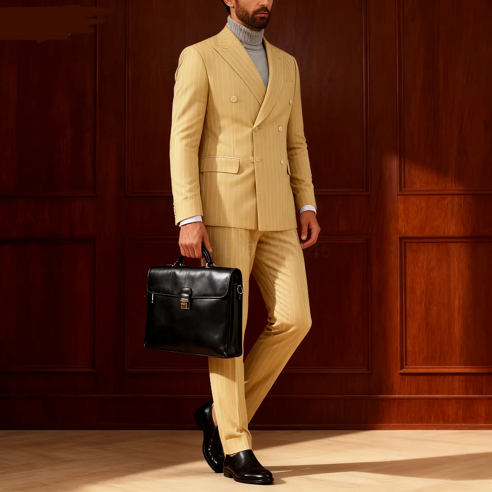 

2-Piece Grey Striped Men's Slim Fit Tuxedo with Peak Lapel Double Breasted Blazer for Wedding Groom Business Suit Smoking Suit