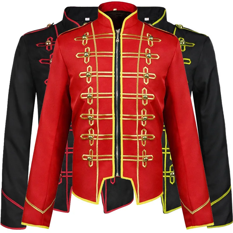 Medieval Retro Men Jacquard Jacket Tops Steampunk Hussar Marching Band Military Drummer Parade Jacket Coat Cosplay Costume