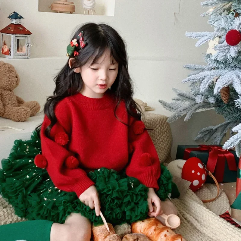 2024 Kids Winter Baby Girl Clothes Cute Fuzzy Ball Red Green Christmas Girls Sweater Princess Pullover Knitted Sweater 80-130cm