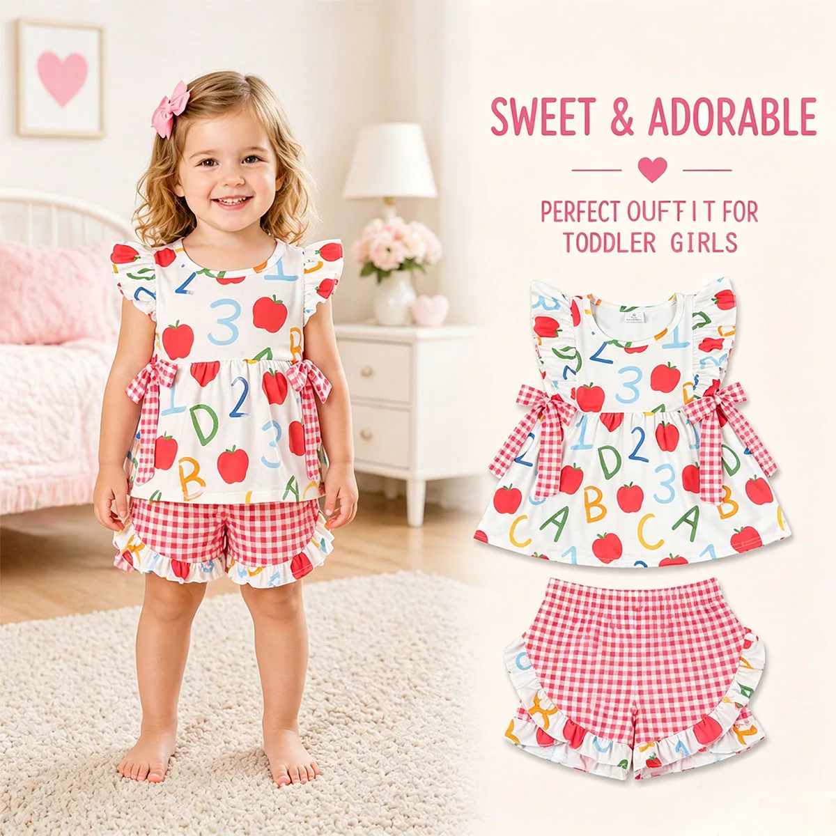 Kids Baby Boys Girls ABC Apples Polo Tunic Checked Shorts Back to School Clothes Sets Cute Outfit Toddler Clothing Wholesale