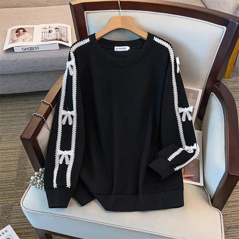 Picture 4: 175Kg Plus Size Women's Bust 170 Autumn Loose Round Neck Long Sleeved Lace Bow Sweatshirt Black Pink 4XL 5XL 6XL 7XL 8XL 9XL