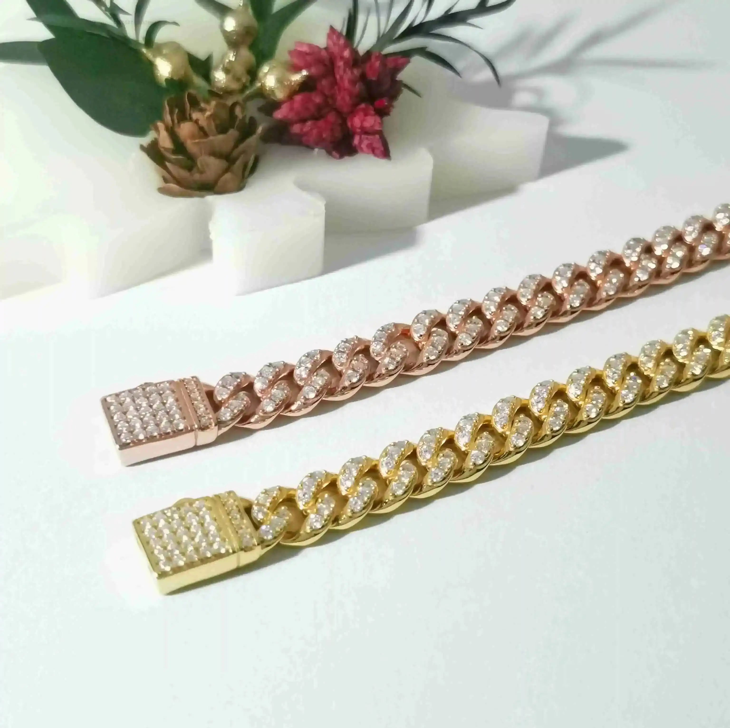 Custom 925 Sterling Silver 18K Gold Rose Gold VVS Moissanite 8mm Cuban Bracelet Necklace with Link Chain Hip Hop Iced Out Style