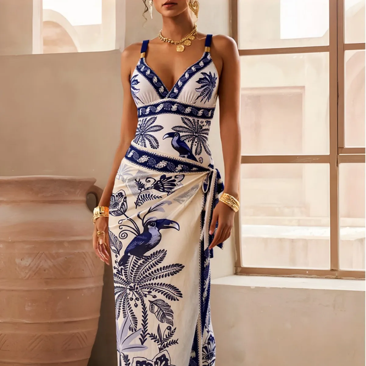 

2Pcs Printed Swimsuit Women Sexy Swimwear New Bikini With Long Skirt Female Biquini Push Up Swim Suit Bodysuit Beachwear CoverUp