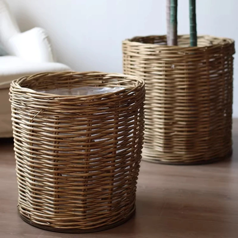 Large Natural Wicker Plant Basket with Wheels Mobile Garden Pot Holder Rustic Decorative Trolley Clothing Store Display Planter