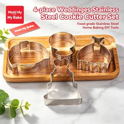 4-Piece Stainless Steel Cookie Cutters, Wedding-Themed Designs of Diamond Ring, Wedding Dress, Suit and Cake, Food-Grade Baking