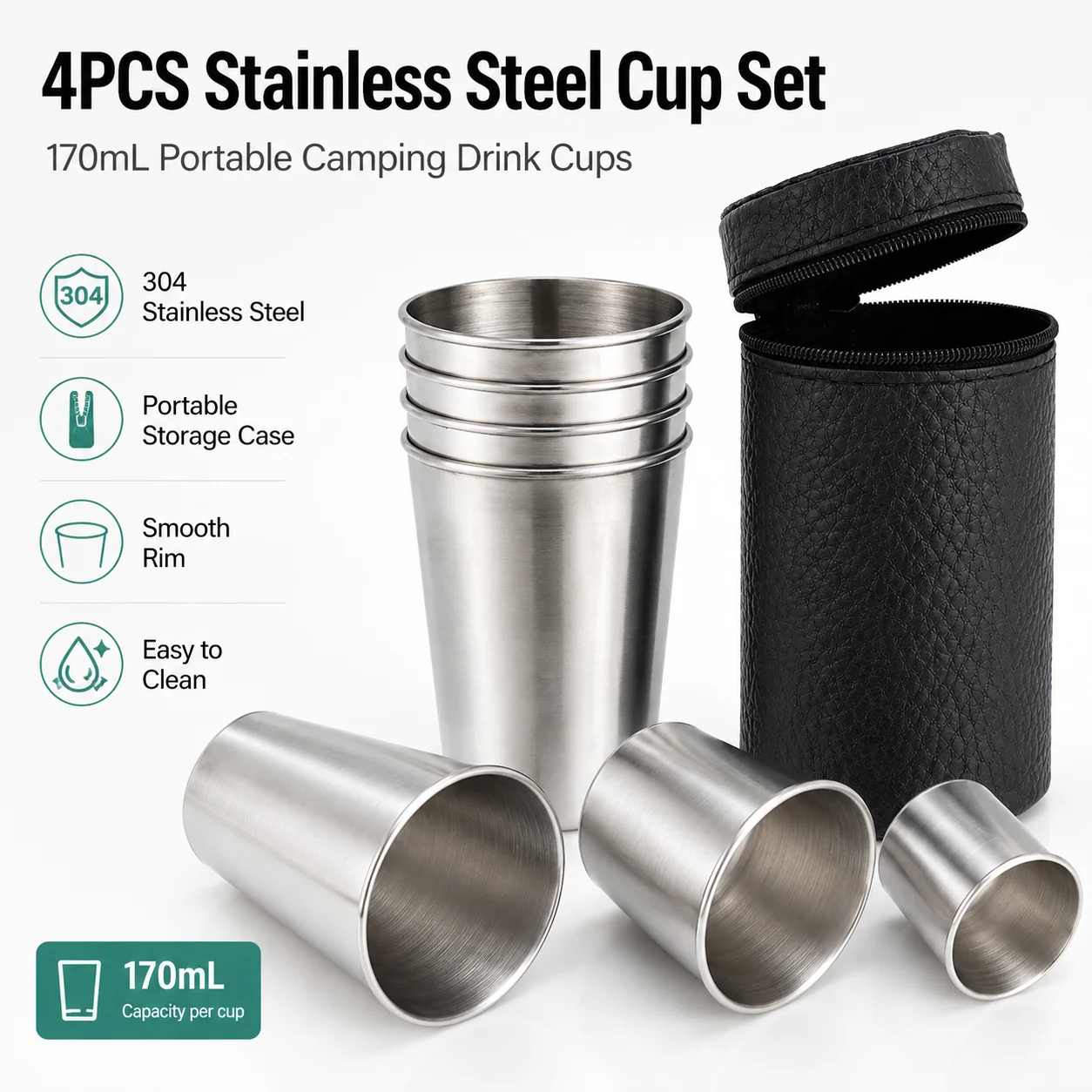 Meltset M 4pcs Stainless Steel Shot Cup Set 170ml Portable Camping Liquor Cups with Leather Case Outdoor Travel Drinkware