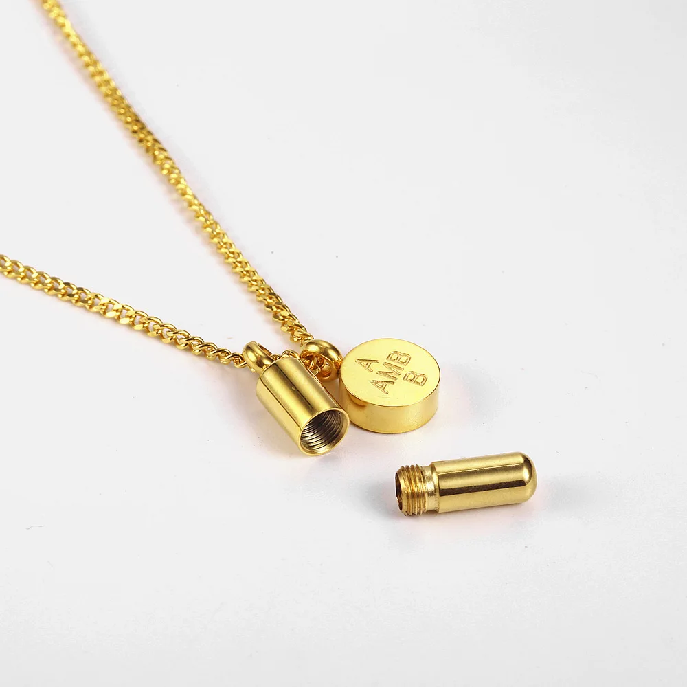 Stainless Steel Gold Plated Pill Case Capsule Keepsake Pendant Necklace Jewelry Men Women Kids Gift