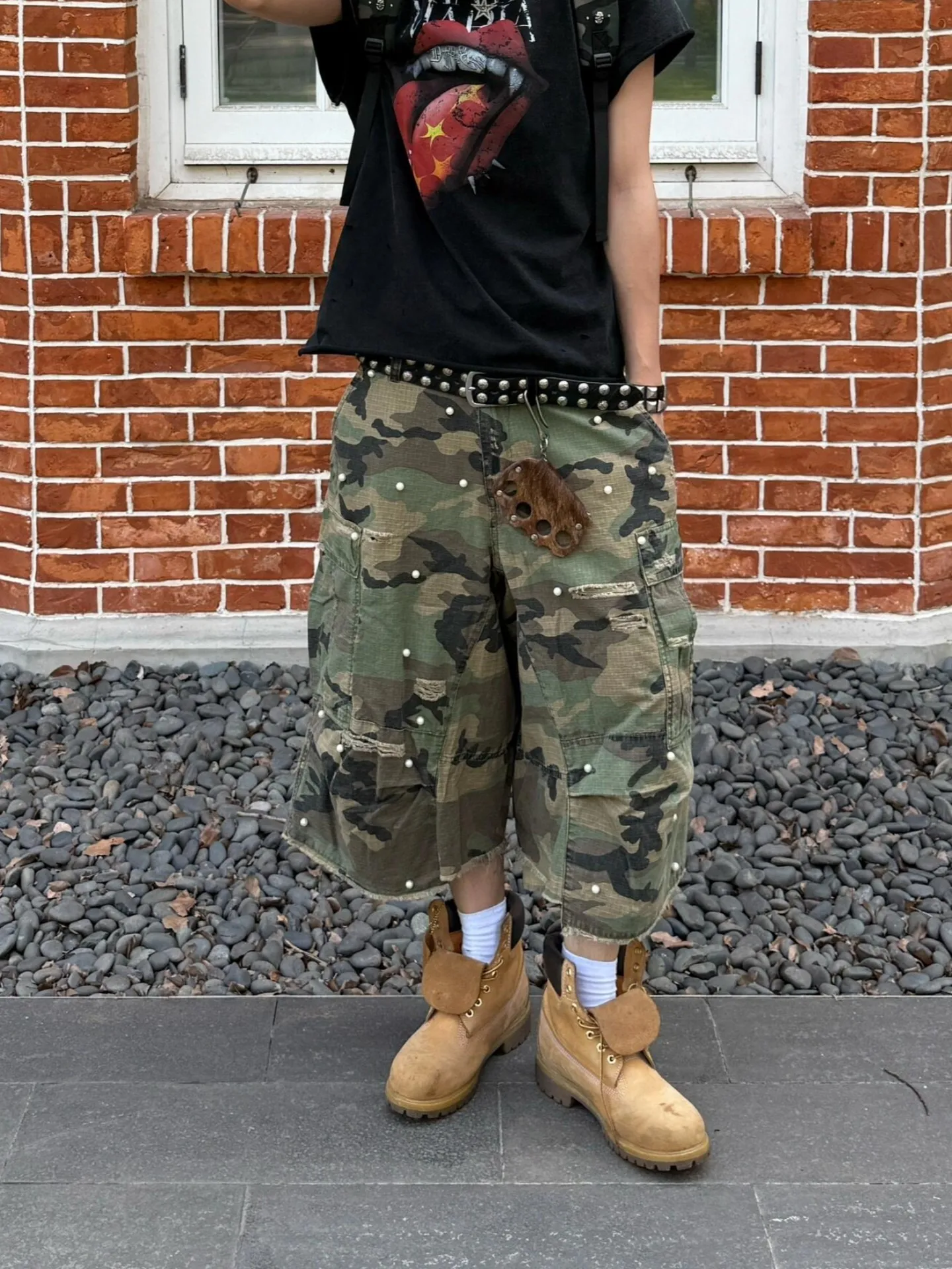 Washed Ripped American High Street Style Men's Wide Leg Short Jeans Casual Comfortable Loose Fit Pearl Camouflage Workwear