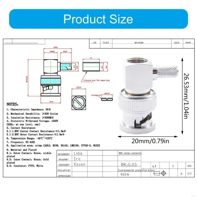 20CB BNC Adaptador 50-3 Junta BNC-JW3 Adaptador señal masculina a para conexión cable coaxial RG58