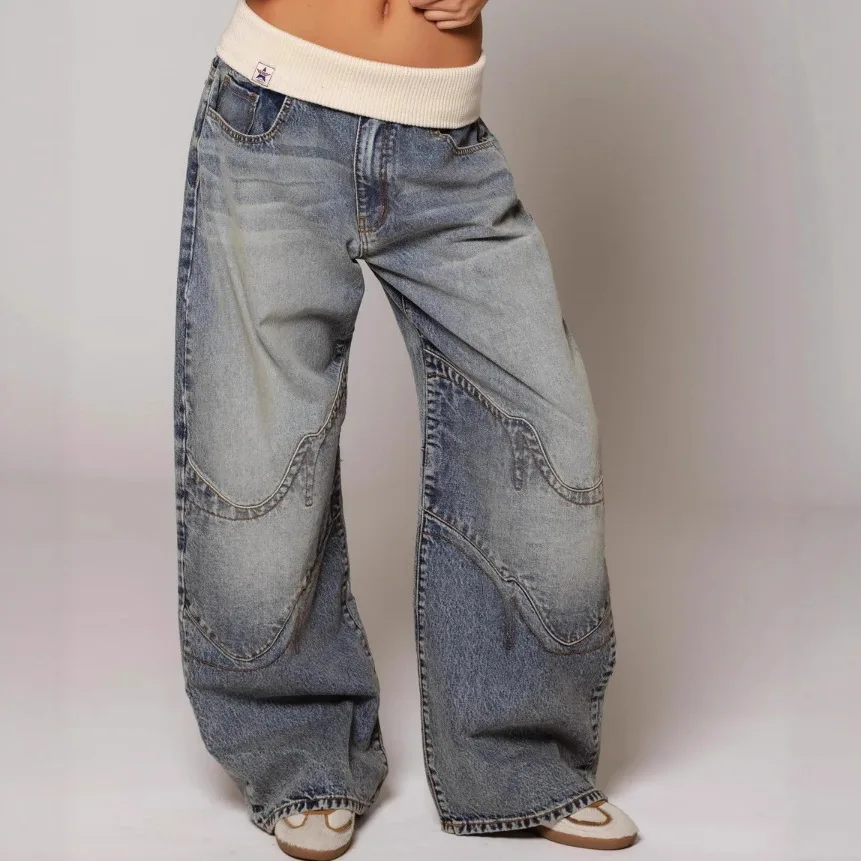

Retro American Streetwear Waed Blue Jeans Men's Loose Straight Leg Casual Jeans Autumn 2025 Low Waist Denim Pants