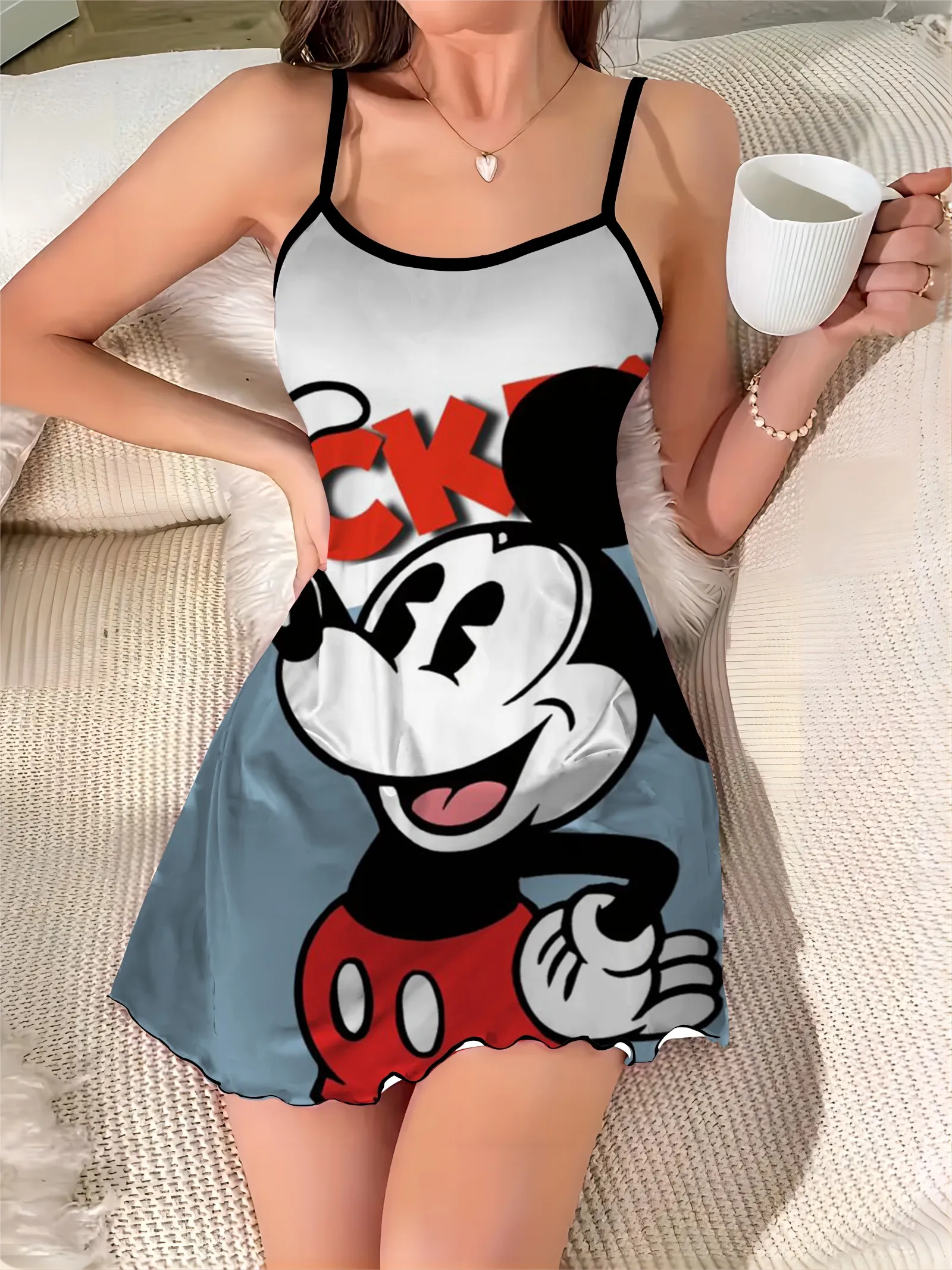 Lettuce Trim Crew Neck Sexy Dress Fashion Summer Dresses 2024 Minnie Mouse Disney Pajama Skirt Elegant Women Chic Mini Satin