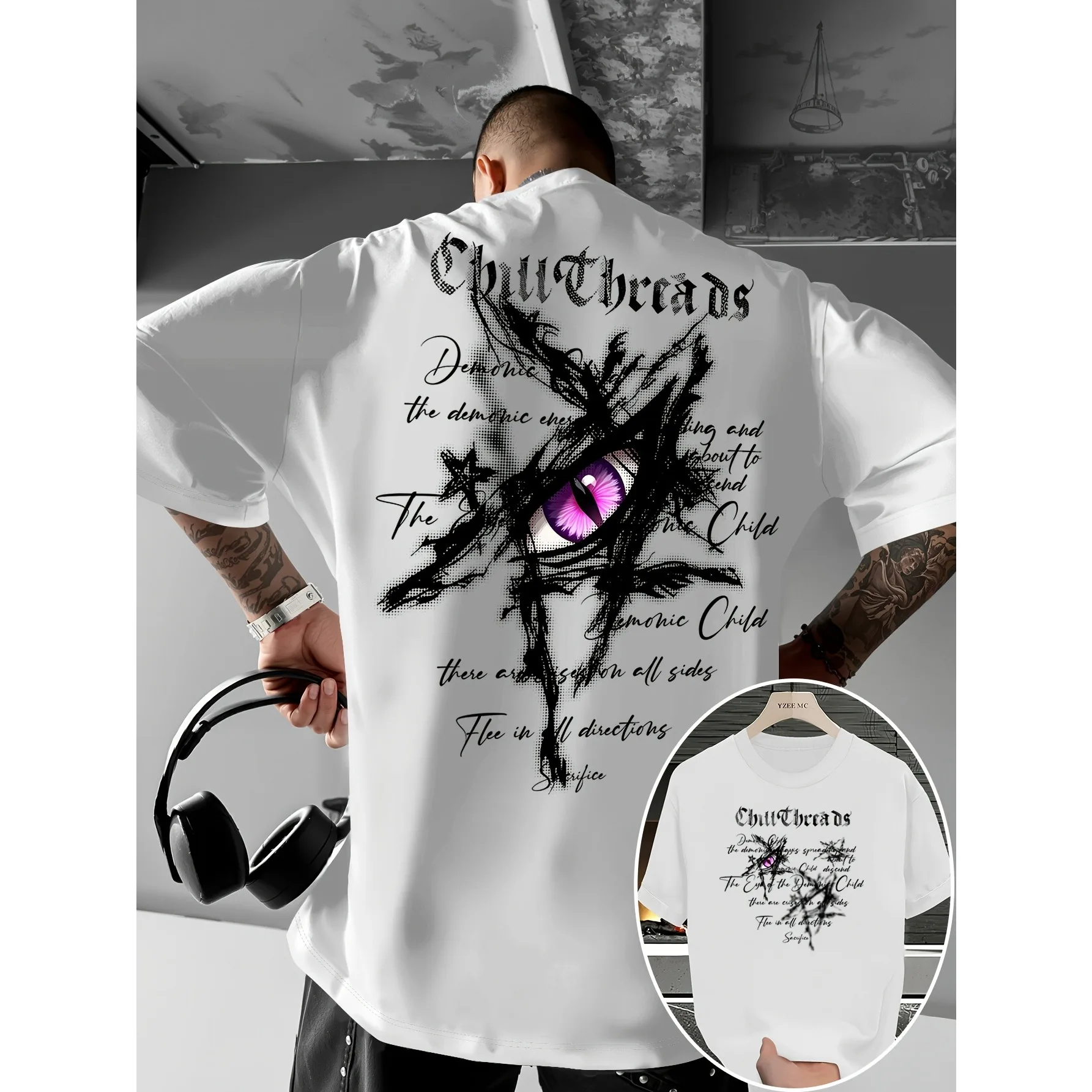 Neues Sommer-T-Shirt für Herren mit „Eye of The Devil“-Schriftmuster, lockeres T-Shirt aus 100 % reiner Baumwolle, weiches Material, trendig und modisch, vielseitig einsetzbar