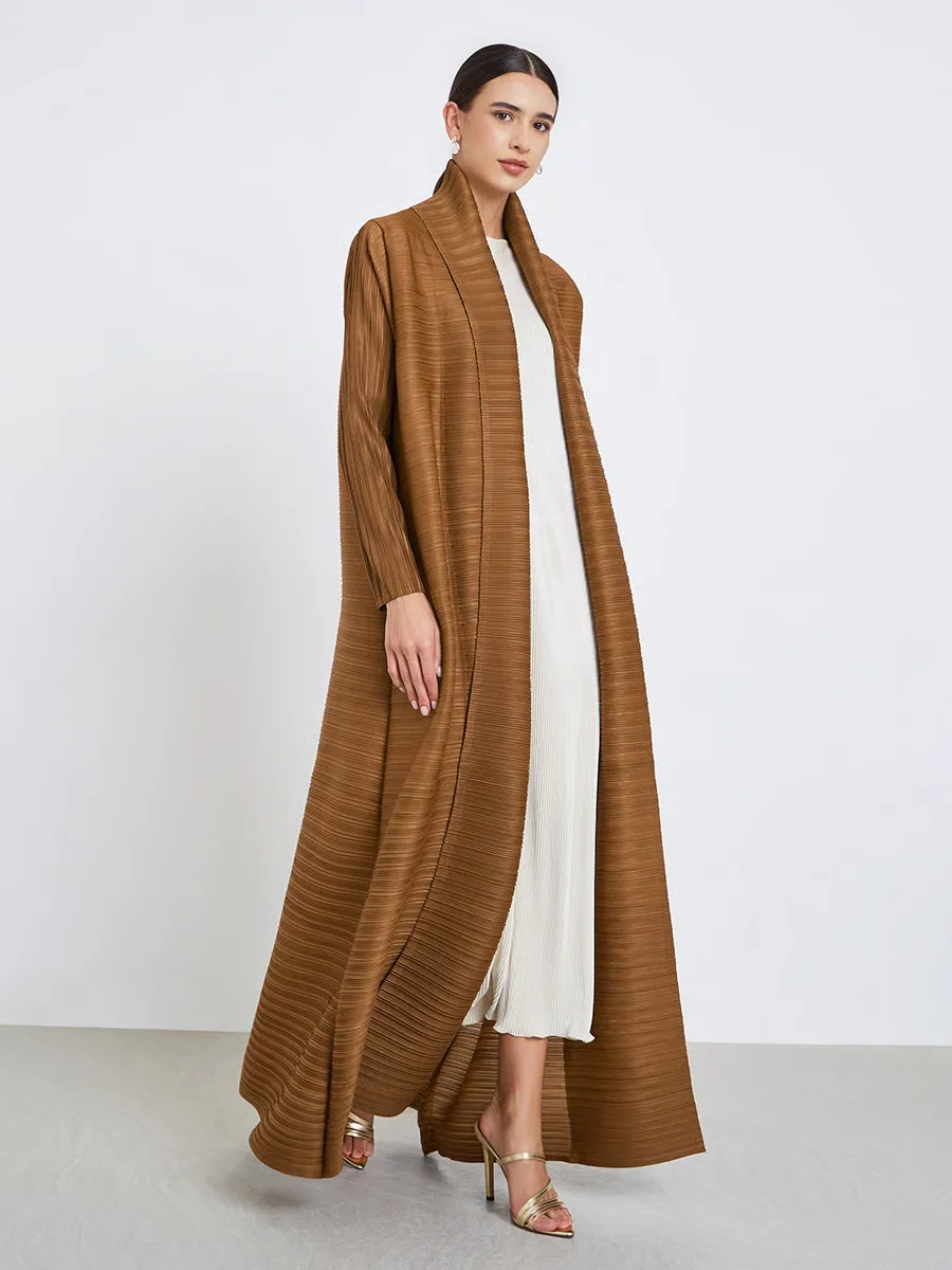 Fold Brown Pleated Abaya Belted Waist Soft Fabric Elegant Robe 2025 Trendy Casual Daily Wear Chic Stylish Modern Ensemble