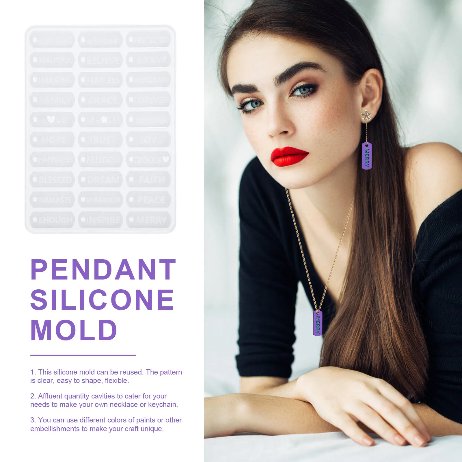 

2pcs Silicone Word Pendant Molds Inspirational DIY Jewelry Keychain Resin Craft Reusable Durable Clear Pattern Unique Gift