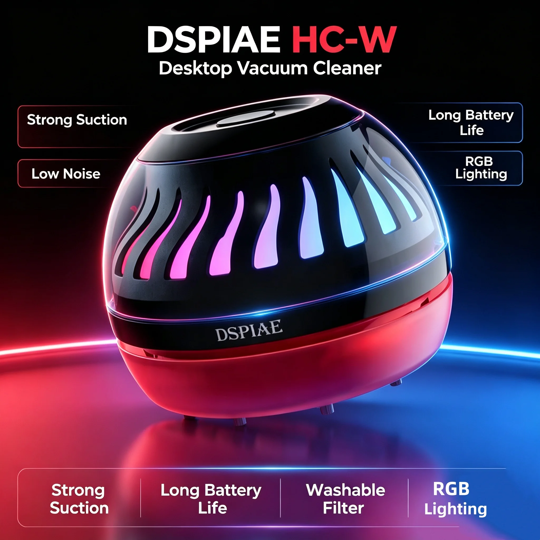 DSPIAE HC‑W Desktop Mini Vacuum Cleaner, High Suction Low‑Noise for Workbench Debris Cleaning, Washable Filter, Long Endurance