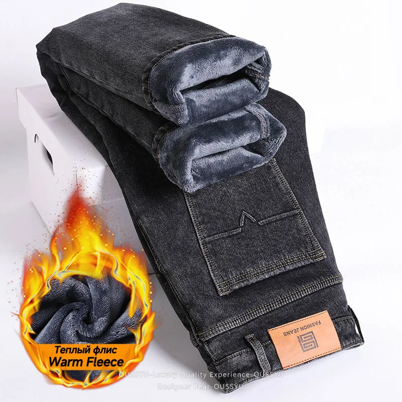 Brand Clothing Winter Thicken Warm Fleece Men's Jeans Flocking Slim Denim Pants Jean Straight Work Outdoors Brushed Trouser Male