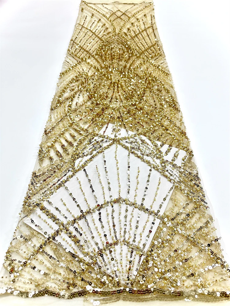 

French Lace Fabrics 2026 High Quality African Beaded Embroidered Nigerian Sequins Tulle Lace 5 Yards For Sewing Party Dresses