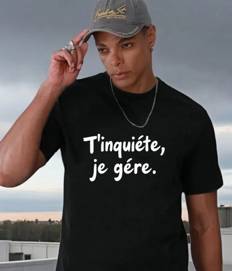 Men's French Phrase Don't Worry I'll Handle It T-Shirt - Black with White Geometric Summer Short-Sleeve Tee Everyday T-Shirt
