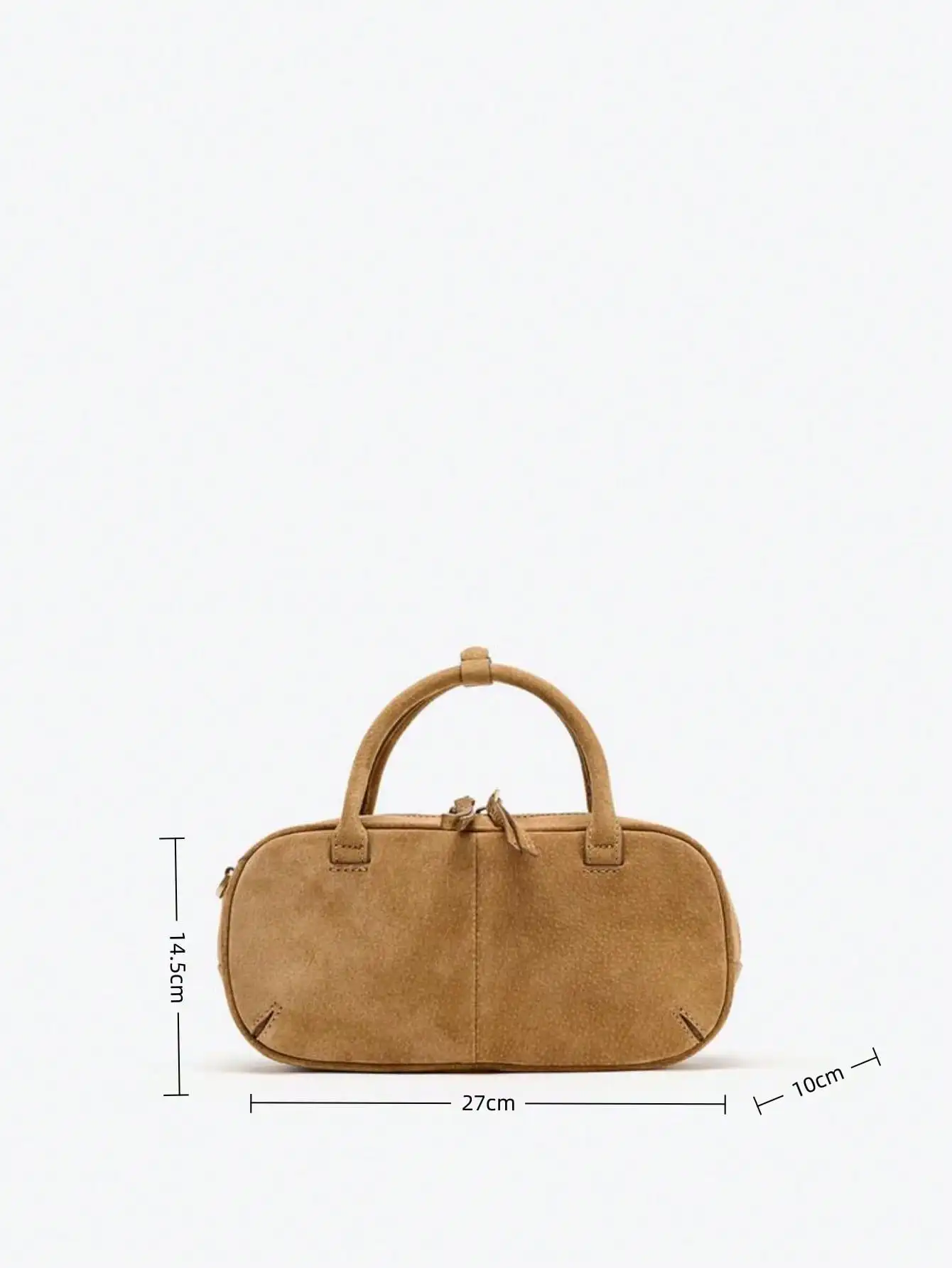 Tas Boston wanita kecil dengan dua pegangan, bahan suede, warna camel, model baru musim gugur-dingin 2025, dilengkapi tali selempang.