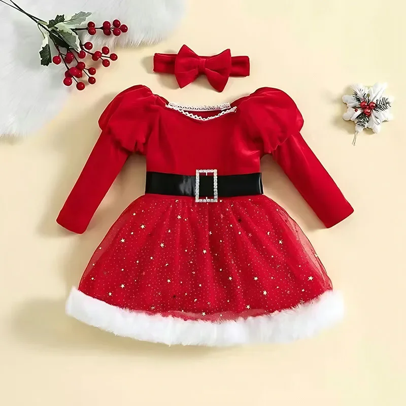 Christmas Children\'s Clothes 1-5Y Girls Long sleeve Dresses Stars Sequin Mesh Princess Dress with Bow Headband Festival Costume