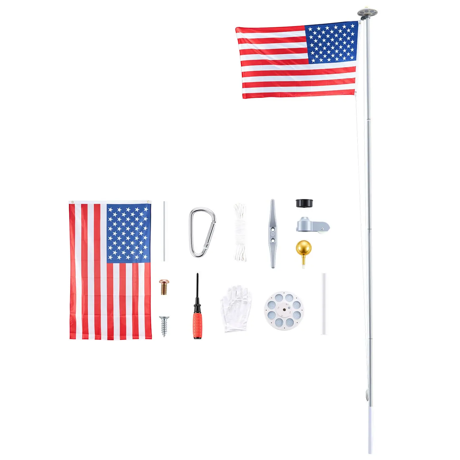 Flag Pole, 25ft Heavy Duty Sectional Flagpole Kit with 136 LED Solar Light for Outside House In Ground, Outdoor Aluminum
