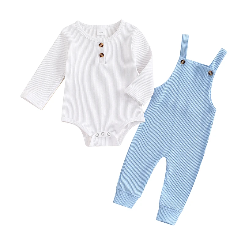 

Newborn Baby Boy Girl Clothes Outfit Long Sleeve Button Romper Top Strap Pants Trousers Set Fall Winter Stripe Tracksuit